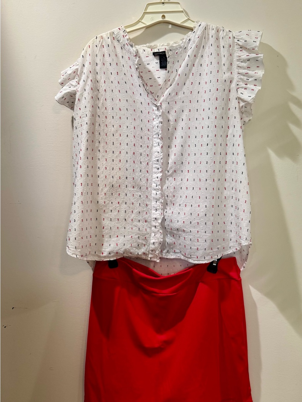 Preswick & Moore White Eyelet Blouse with Red and blue Dot Print, and red skort